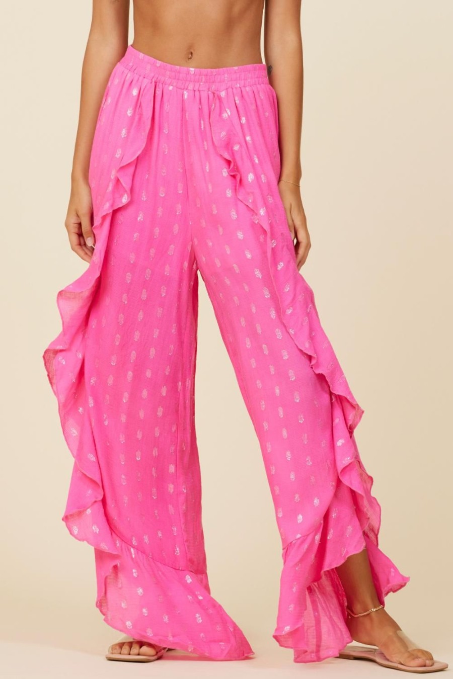 Women Surf Gypsy Bottoms | Hot Pink Clipped Metallic Ruffle Pants