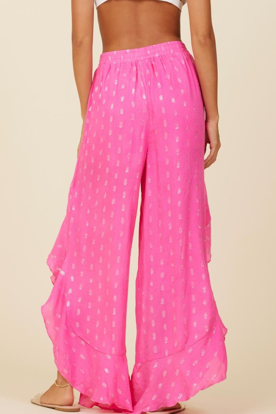 Women Surf Gypsy Bottoms | Hot Pink Clipped Metallic Ruffle Pants