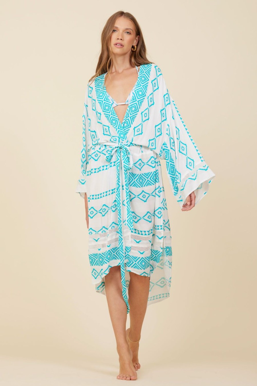 Women Surf Gypsy Bottoms | Teal Island Tribal Print Rayon Crepe Kimono